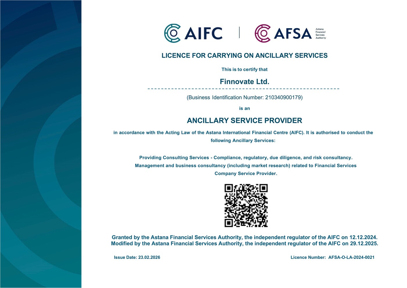 Finnovate Ltd. AFSA Licence Certificate